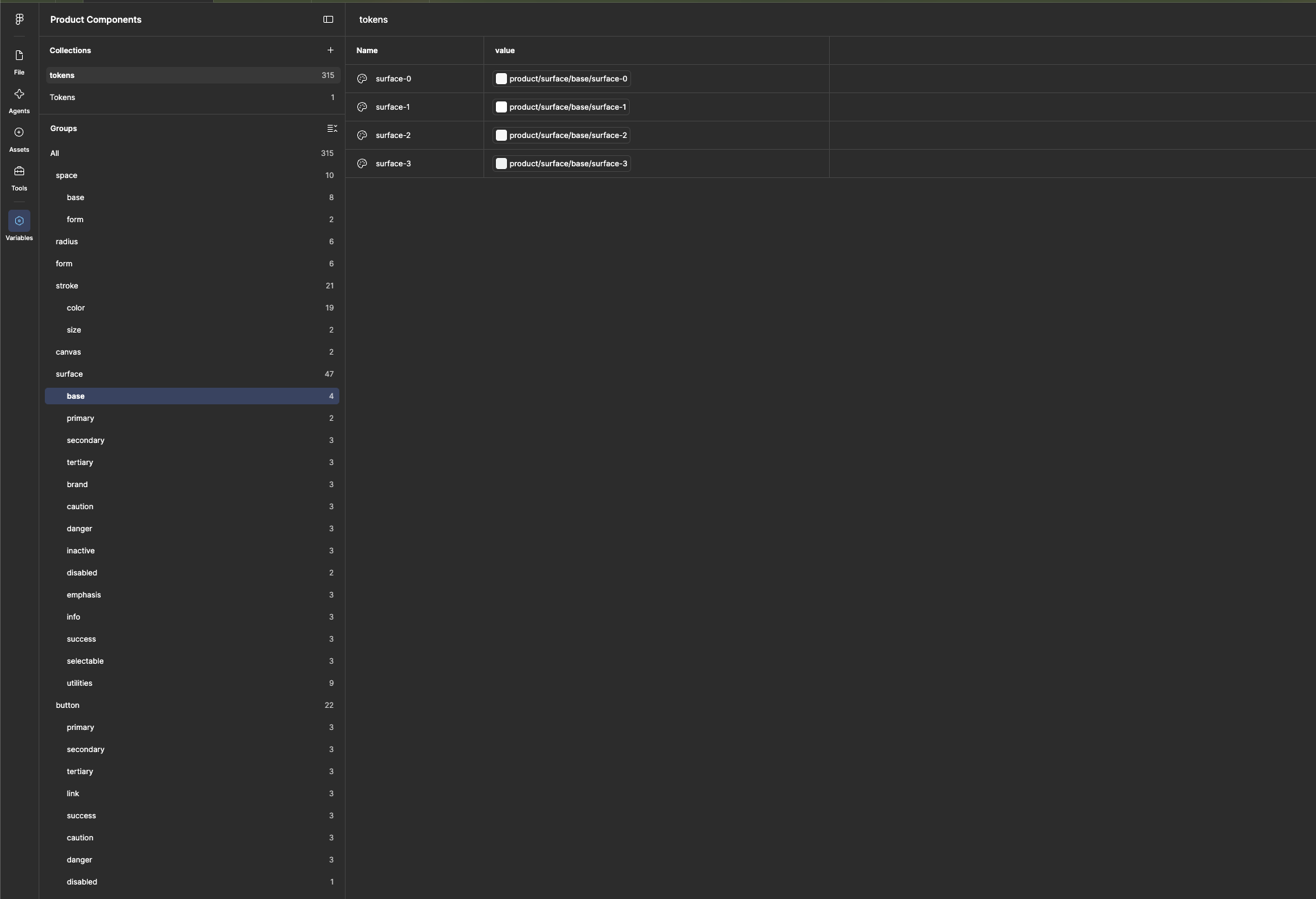 Figma variables panel for the Product Components file, showing a tokens collection of 315 variables grouped into space, radius, stroke, surface and button, with the surface base tokens open.