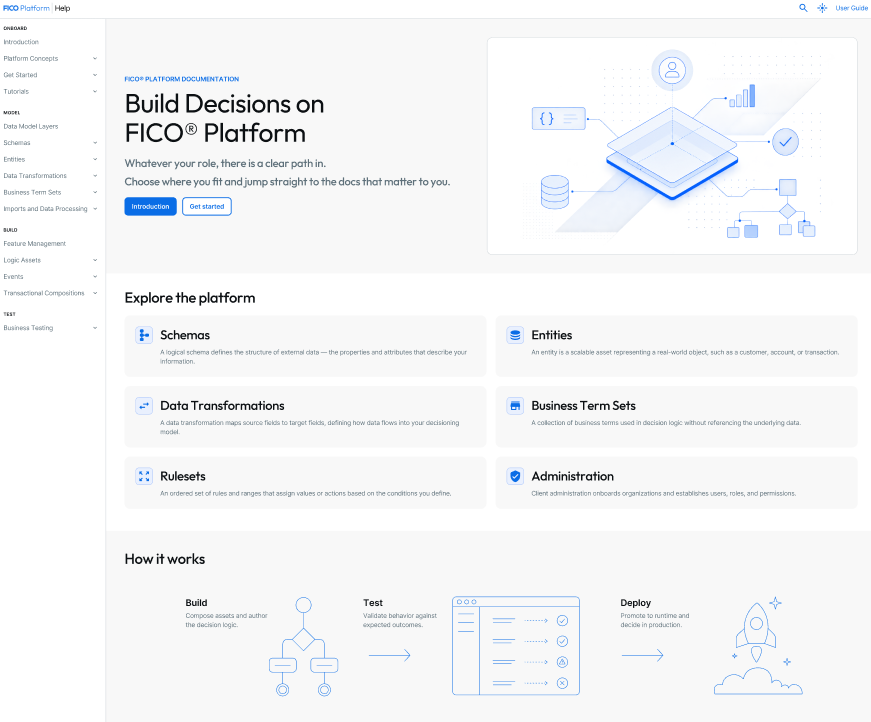 The FICO Platform help site, a documentation site built with Hugo, showing a hero, a grid of platform topics and a how-it-works diagram.