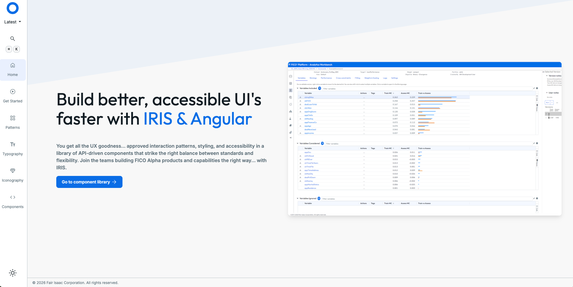 The IRIS documentation site home page: a sidebar for Home, Get Started, Patterns, Typography, Iconography and Components, and the headline Build better, accessible UIs faster with IRIS and Angular.