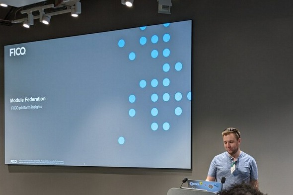 Logan presenting a Module Federation talk at Google, next to a slide reading Module Federation, FICO platform insights.