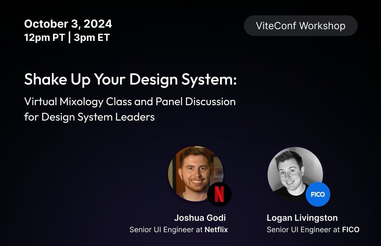 Event card for the ViteConf 2024 workshop Shake Up Your Design System, a virtual mixology class and panel discussion on October 3, 2024, with speakers Joshua Godi of Netflix and Logan Livingston of FICO.